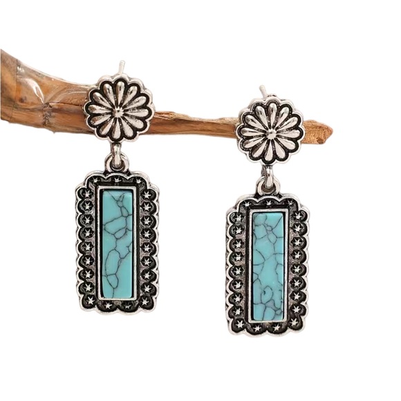 Vintage Boho Silver and Turquoise Bar Drop Earrings - Picture 3 of 5